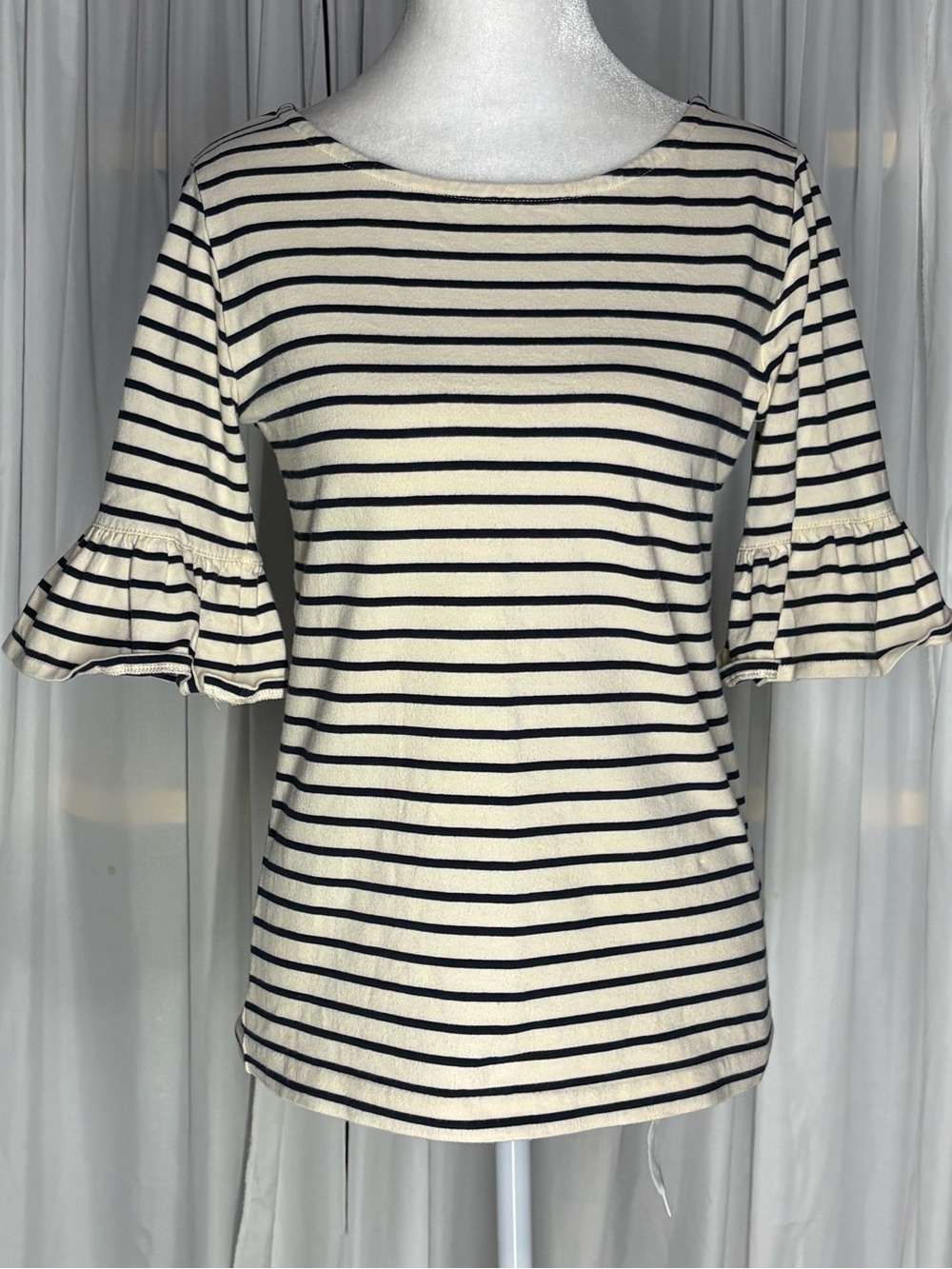 J. Crew Women’s Cream & Navy Striped Ruffle Sleeve Boatneck Top Size XS